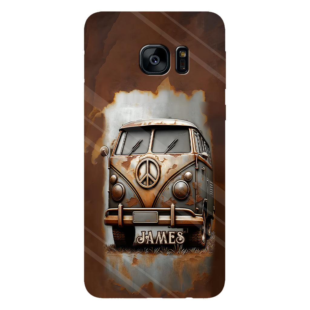 Coque de téléphone personnalisée style hippie vintage, motif « Camping-car, symbole de paix et âme », imprimée intégralement, avec symbole de paix et camping-car.