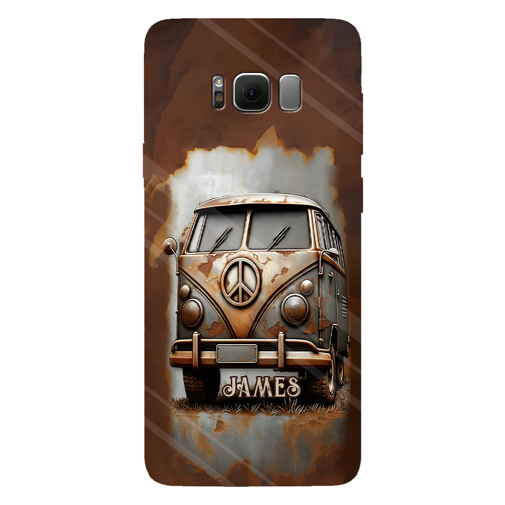 Coque de téléphone personnalisée style hippie vintage, motif « Camping-car, symbole de paix et âme », imprimée intégralement, avec symbole de paix et camping-car.