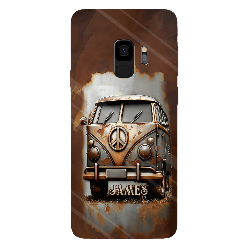 Coque de téléphone personnalisée style hippie vintage, motif « Camping-car, symbole de paix et âme », imprimée intégralement, avec symbole de paix et camping-car.