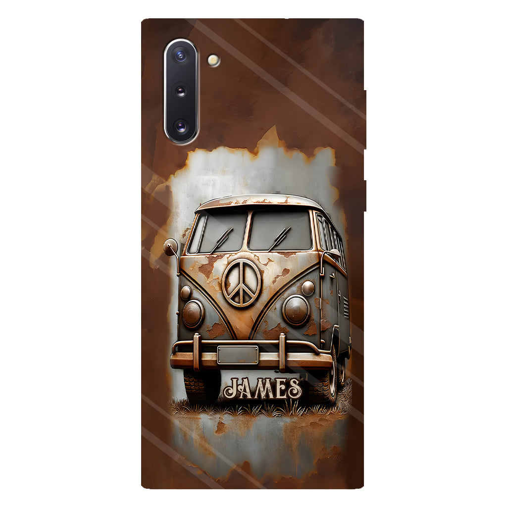 Coque de téléphone personnalisée style hippie vintage, motif « Camping-car, symbole de paix et âme », imprimée intégralement, avec symbole de paix et camping-car.