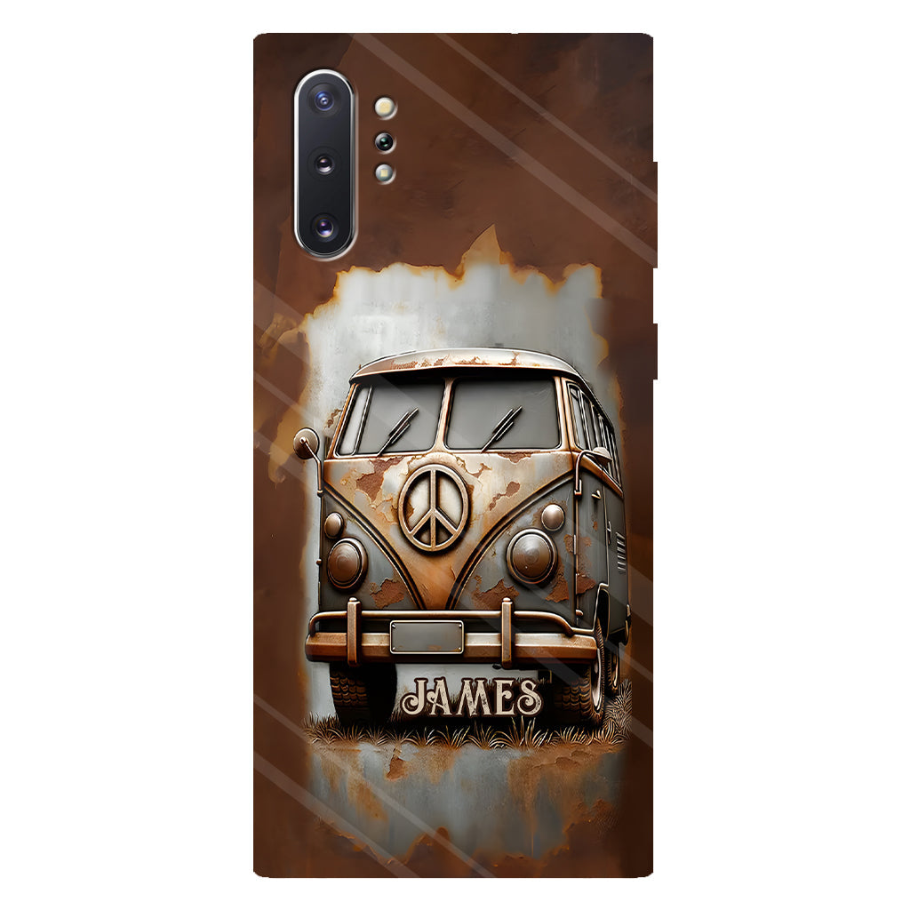 Coque de téléphone personnalisée style hippie vintage, motif « Camping-car, symbole de paix et âme », imprimée intégralement, avec symbole de paix et camping-car.