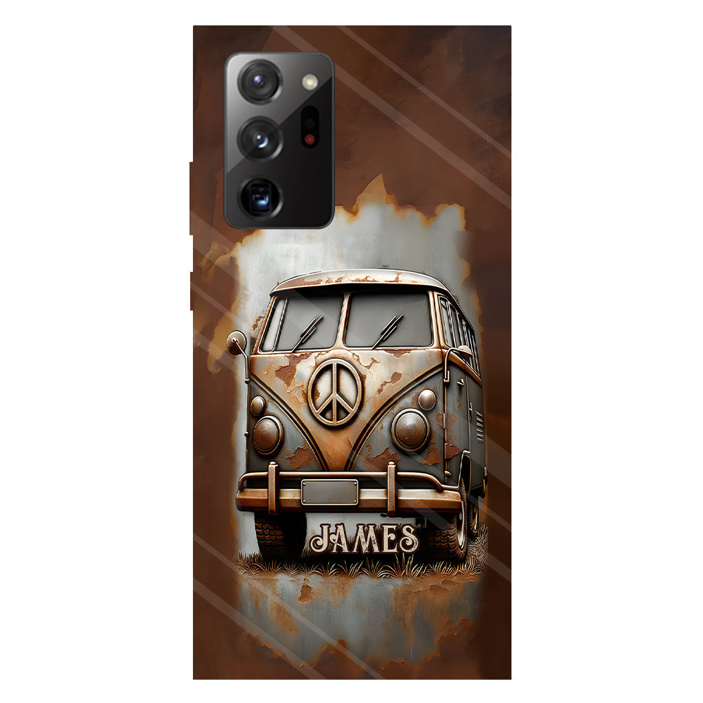Coque de téléphone personnalisée style hippie vintage, motif « Camping-car, symbole de paix et âme », imprimée intégralement, avec symbole de paix et camping-car.