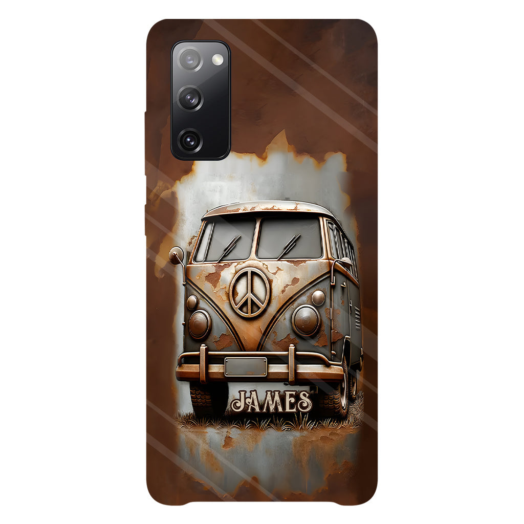 Coque de téléphone personnalisée style hippie vintage, motif « Camping-car, symbole de paix et âme », imprimée intégralement, avec symbole de paix et camping-car.