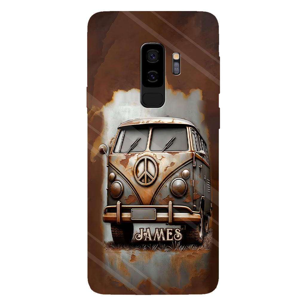Coque de téléphone personnalisée style hippie vintage, motif « Camping-car, symbole de paix et âme », imprimée intégralement, avec symbole de paix et camping-car.