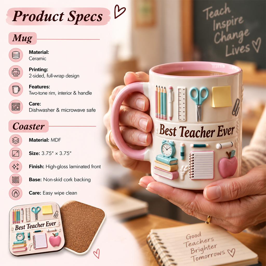 Bester Lehrer aller Zeiten – Personalisierte Tasse und Untersetzer mit Lehrermotiv
