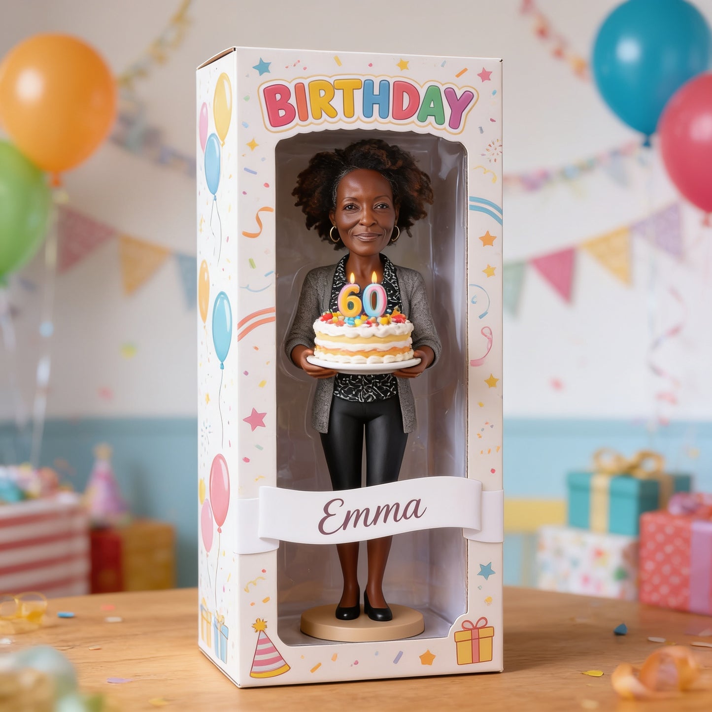 Personalized Custom Older Black Woman Retirement Doll 3D Figurine with Customized Window Display Box Milestone Birthday Gift for Her Mom Wife