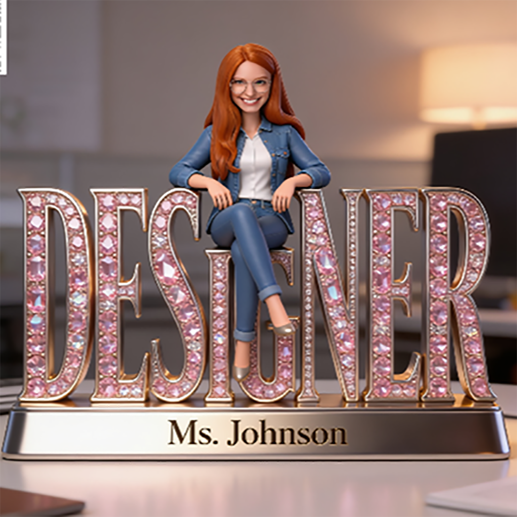 Custom Female Designer Desk Nameplate Plaque - Personalized Artist Figurine, Luxury Crystal Office Decor