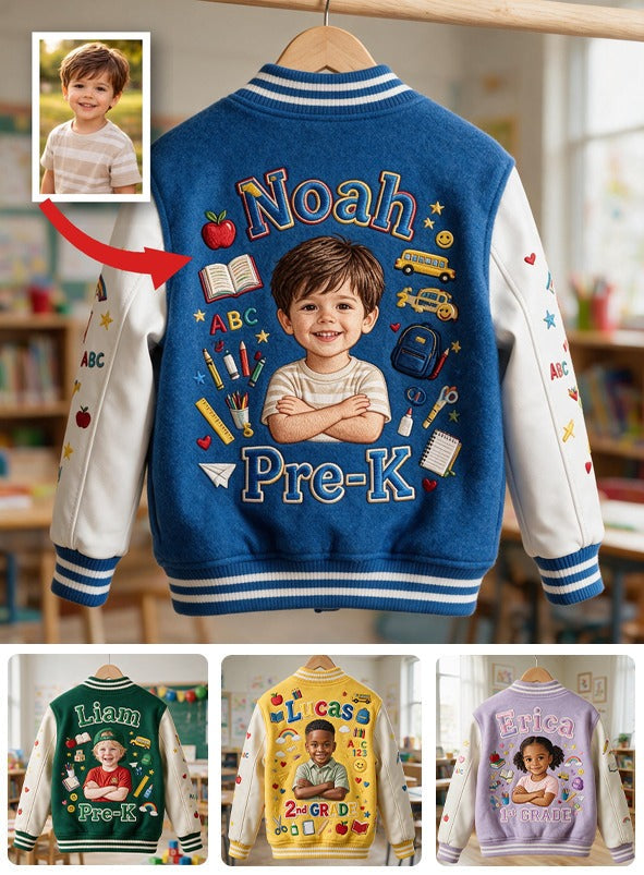 Personalized Little Latina Boy Back to School Varsity Jacket Custom Photo Name Grade First Day of School Kids Gift