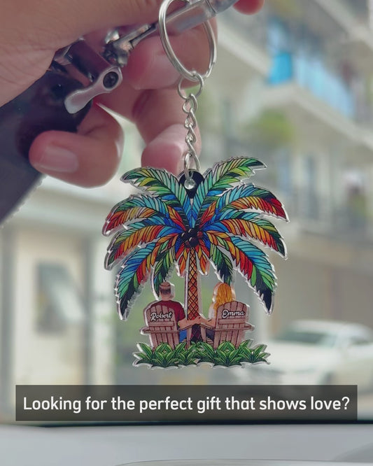 Under The Palm Tree Happy Couple - Personalized Couple Custom Shaped Keychain