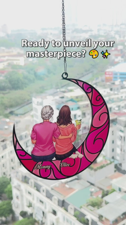 Mother And Children Sitting On The Moon - Personalized Mother Window Hanging Suncatcher Ornament