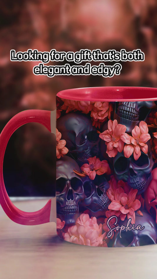 Pink Flowers Black Skulls - Personalized Skull Accent Mug
