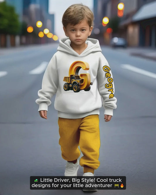 Ensemble garçon avec sweat à capuche imprimé camion tendance - Sweat à capuche et pantalon de jogging personnalisés pour enfant