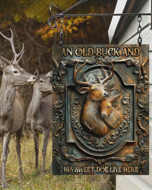 An Old Buck And His Sweet Doe Live Here - Personalized Hunting Rectangle Metal Sign
