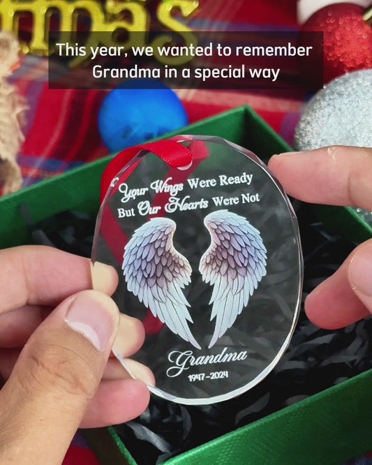 Beautiful Angel Wings - Personalized Memorial Oval Shaped Glass Ornament