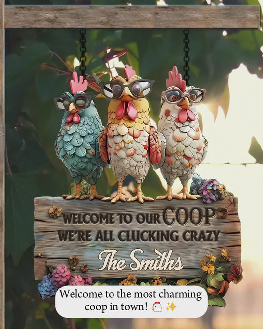 Bienvenue dans notre poulailler - Panneau métallique personnalisé en forme de poulet