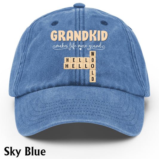 Cadeaux pour les grands-parents : La vie est plus belle avec leurs petits-enfants ! Casquette en jean délavé personnalisée avec motif Scrabble