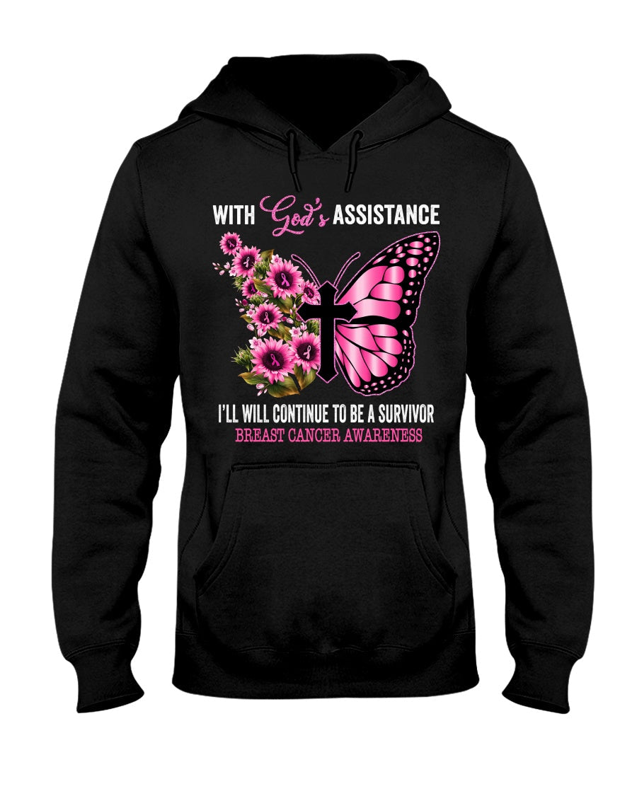 Ich werde mit Gottes Hilfe weiterhin eine Überlebende sein – T-Shirt und Hoodie zur Sensibilisierung für Brustkrebs 0822