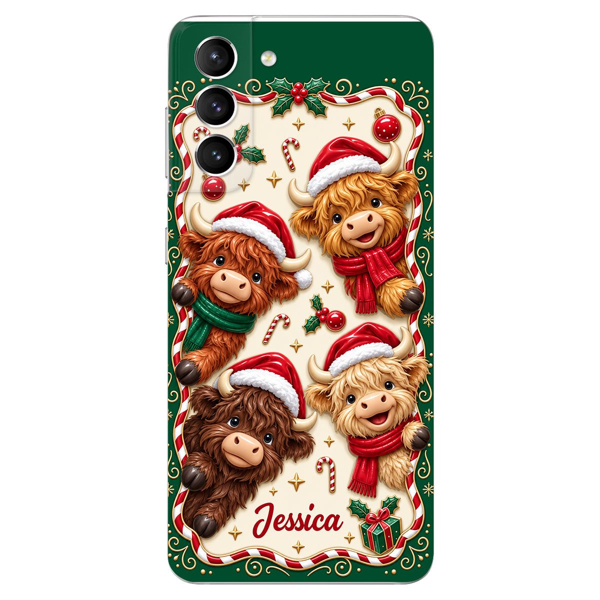 Merry Christmas Cute Highland Cows - Personalized Highland Cow 3D Embossed Leather Phone Case