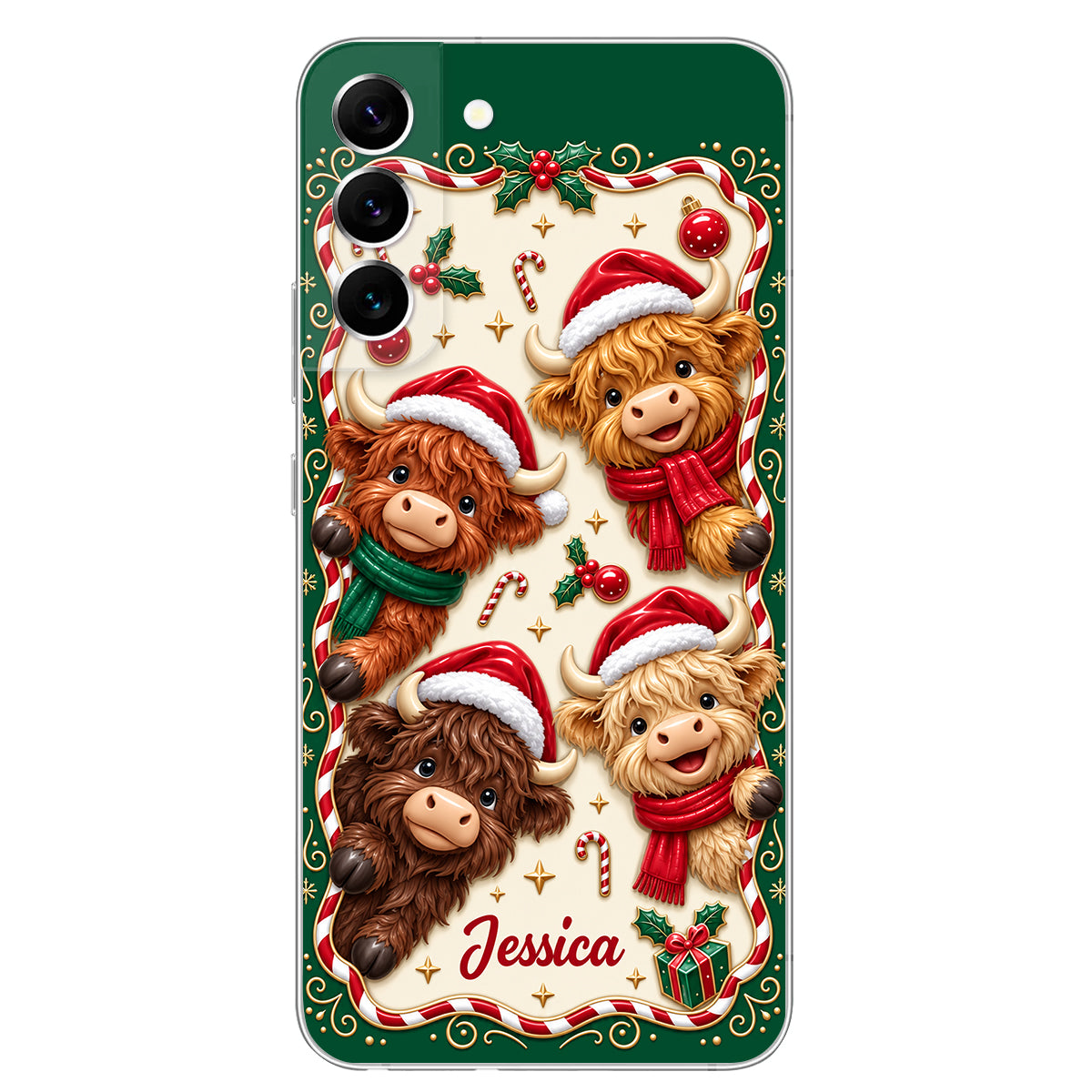 Merry Christmas Cute Highland Cows - Personalized Highland Cow 3D Embossed Leather Phone Case