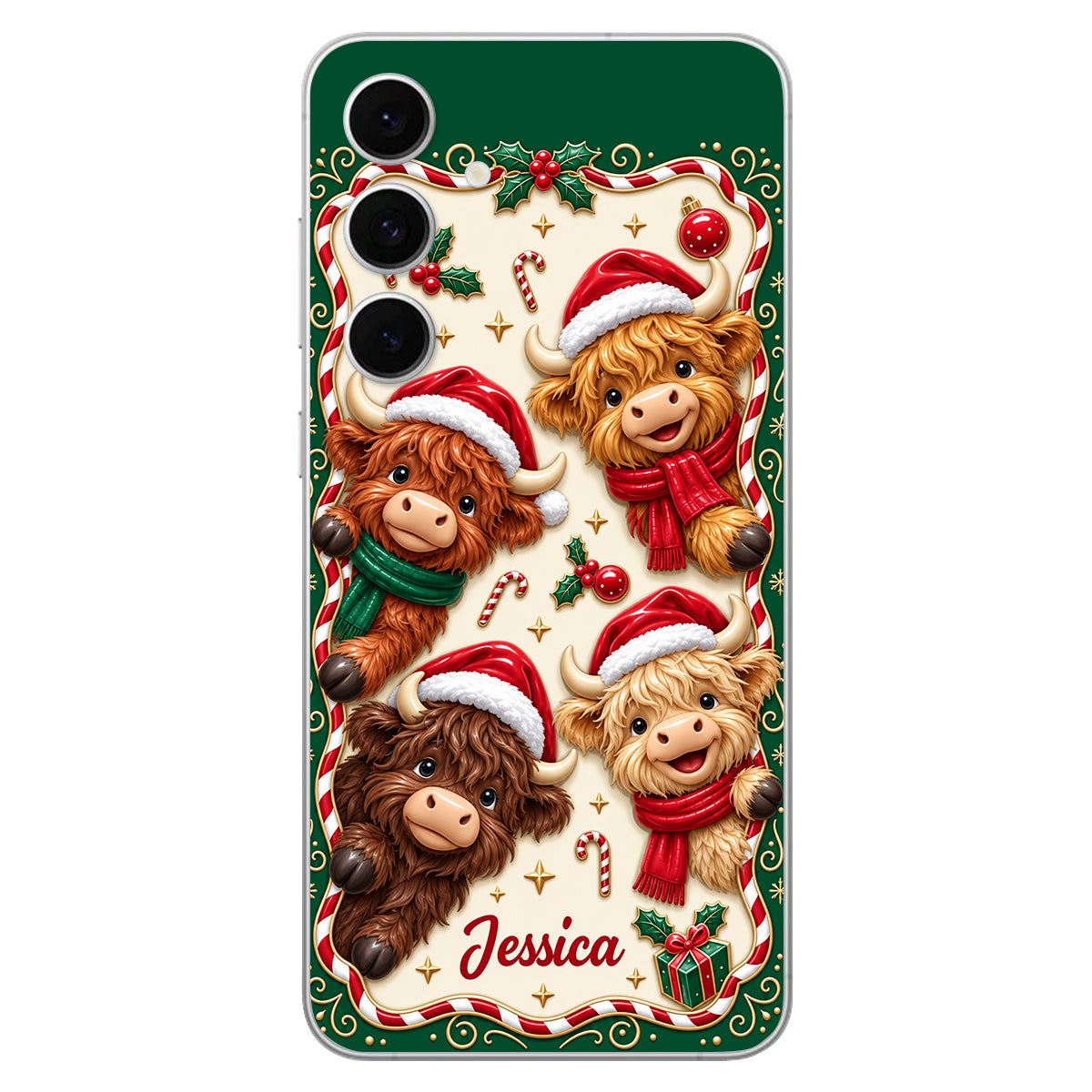 Merry Christmas Cute Highland Cows - Personalized Highland Cow 3D Embossed Leather Phone Case
