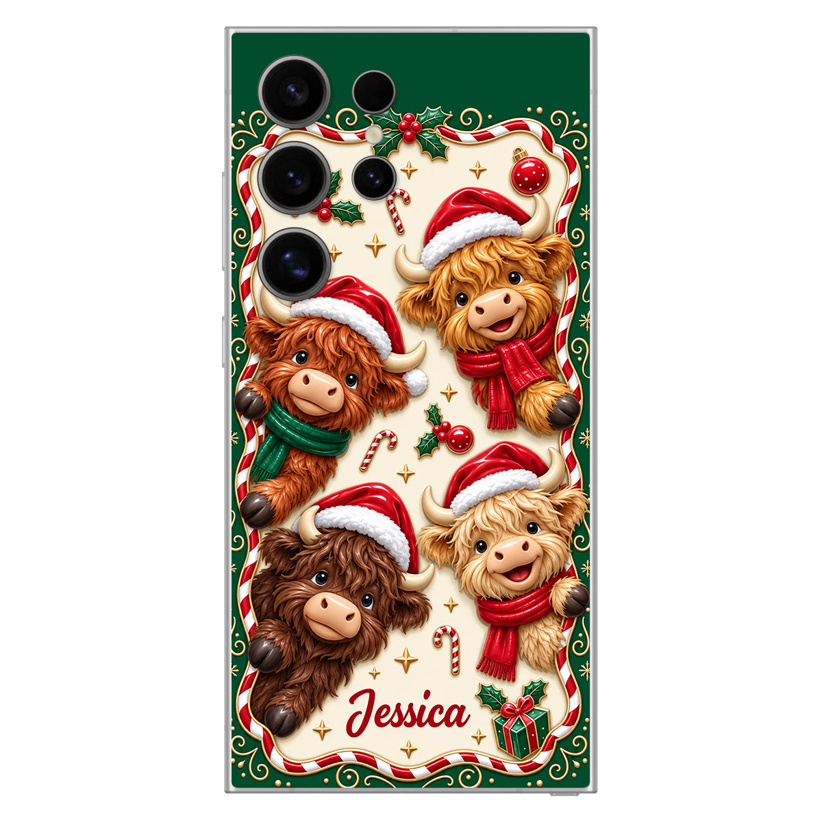 Merry Christmas Cute Highland Cows - Personalized Highland Cow 3D Embossed Leather Phone Case