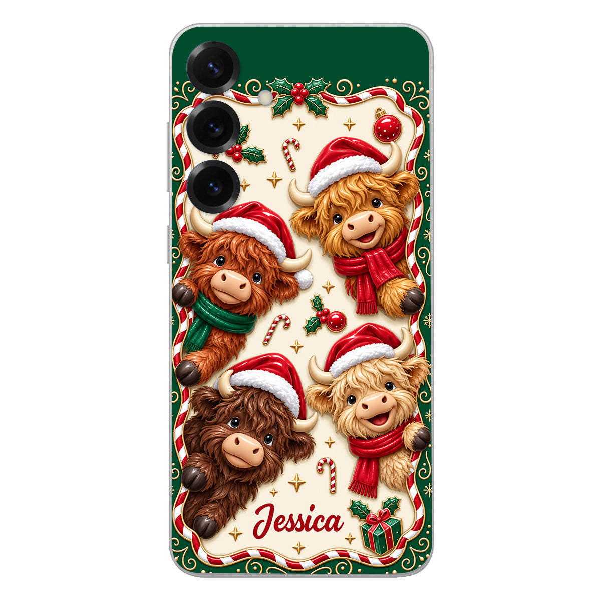 Merry Christmas Cute Highland Cows - Personalized Highland Cow 3D Embossed Leather Phone Case