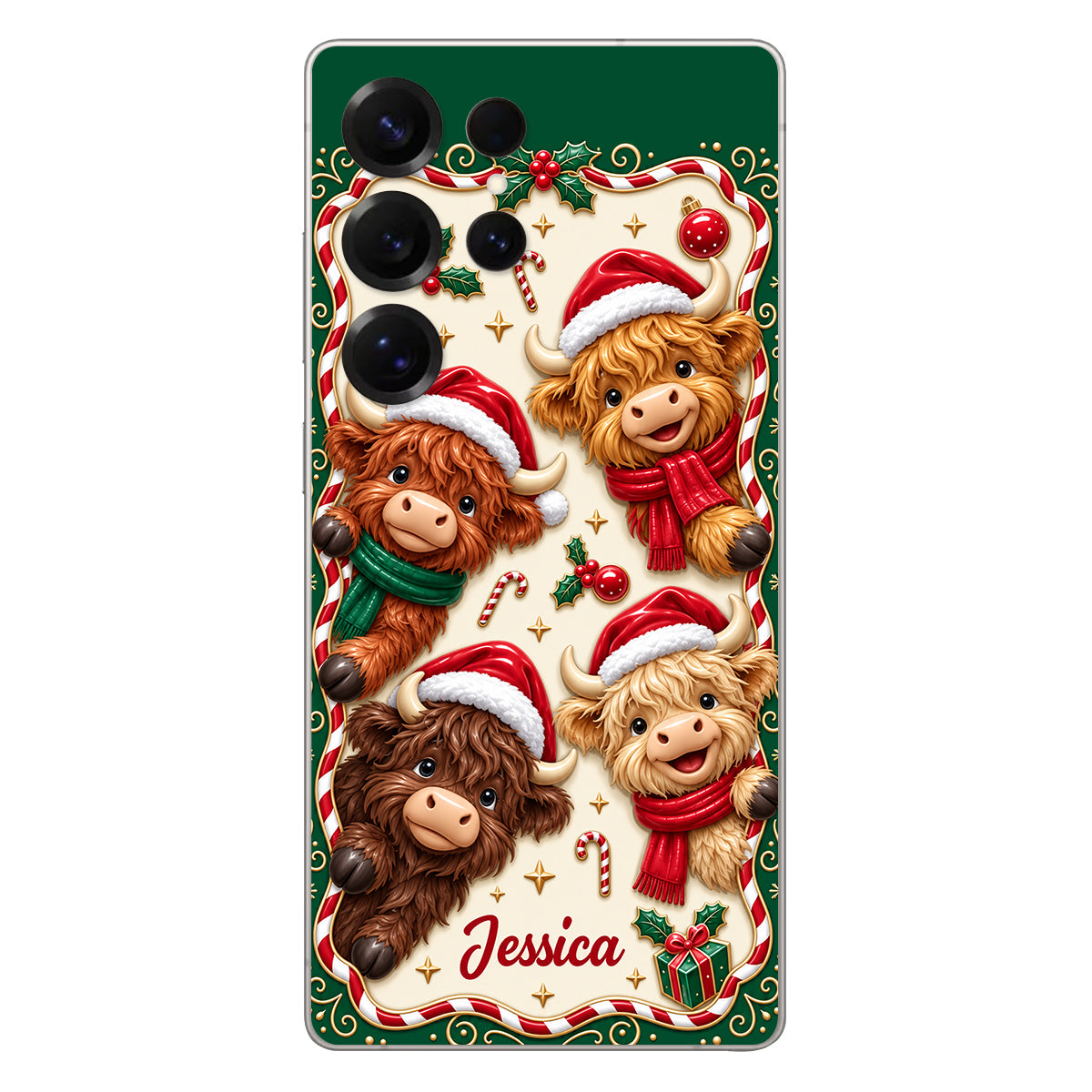 Merry Christmas Cute Highland Cows - Personalized Highland Cow 3D Embossed Leather Phone Case