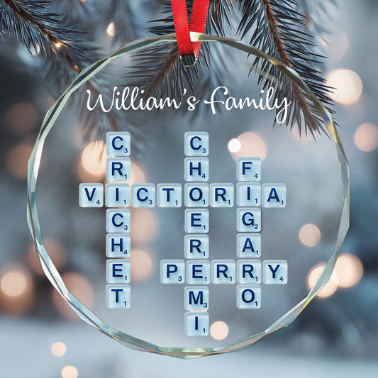 Unsere Familie, Namenspuzzle aus Treibglas – Personalisierter runder Familienschmuck aus Glas