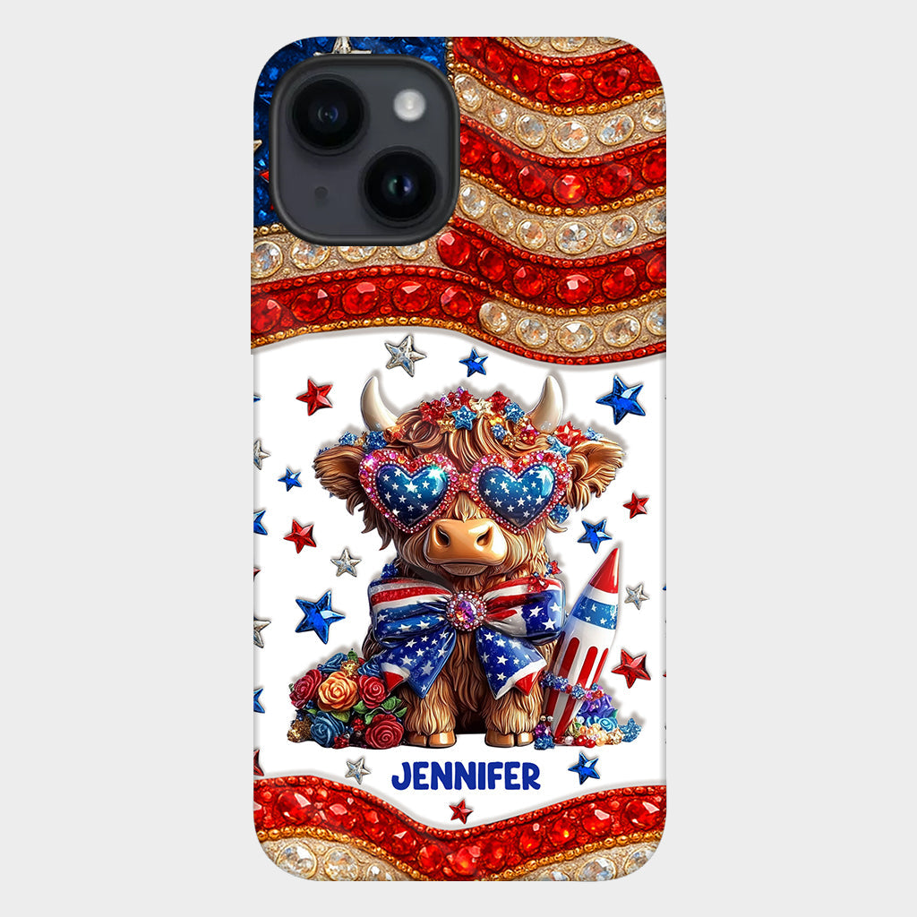Coque de téléphone personnalisée avec motif vache des Highlands, motif 4 juillet américain