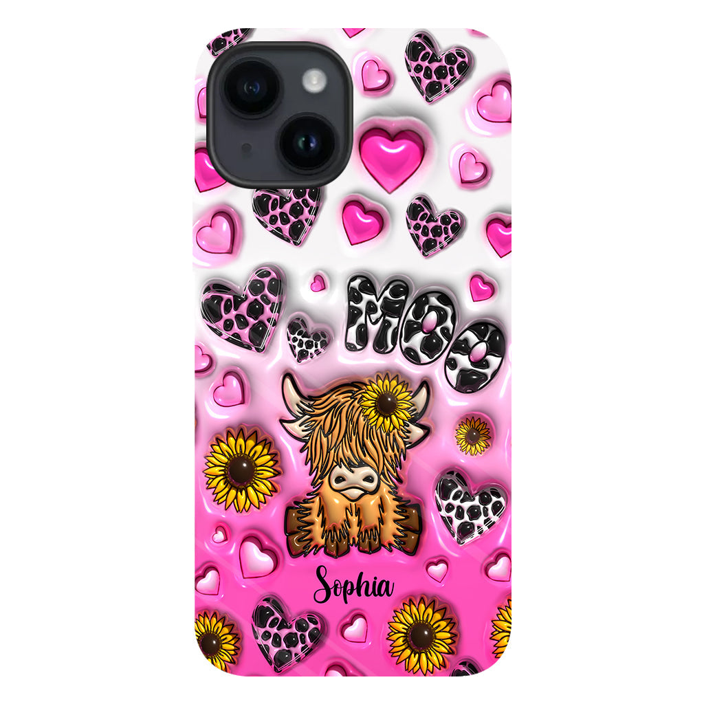 Coque de téléphone personnalisée avec impression intégrale représentant une vache des Highlands et un tournesol
