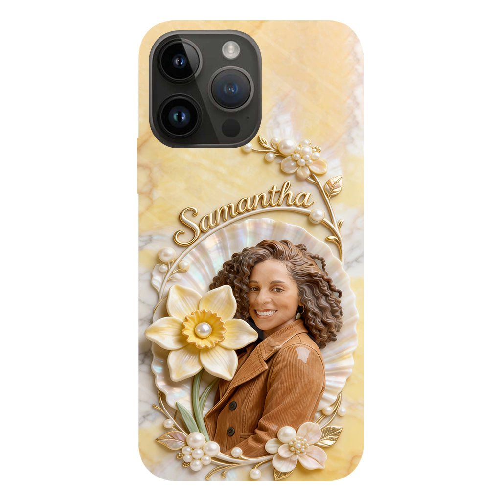 Personalisierte Handyhülle mit Geburtsmonatsblume und Foto – Selbstliebe-Motiv