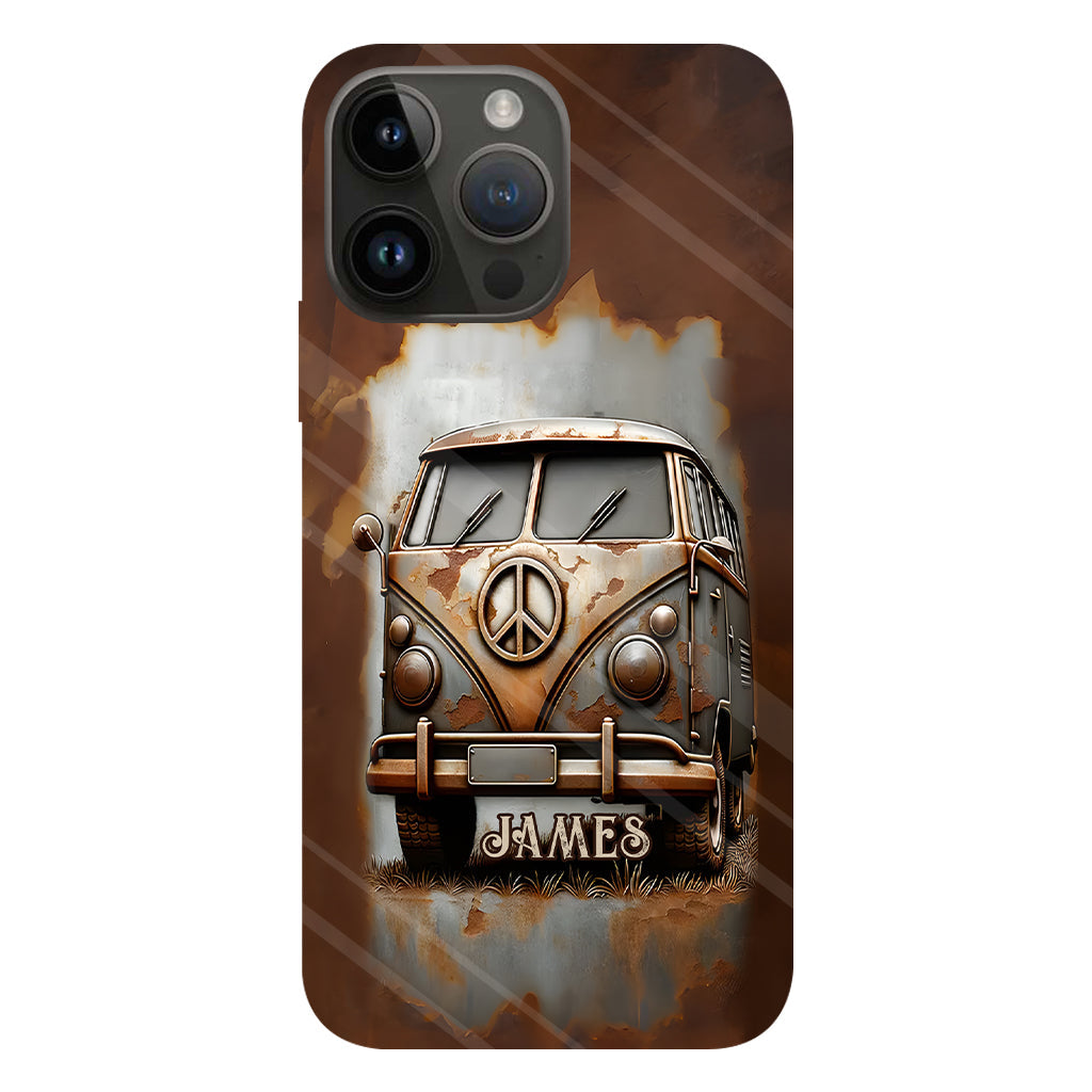 Coque de téléphone personnalisée style hippie vintage, motif « Camping-car, symbole de paix et âme », imprimée intégralement, avec symbole de paix et camping-car.
