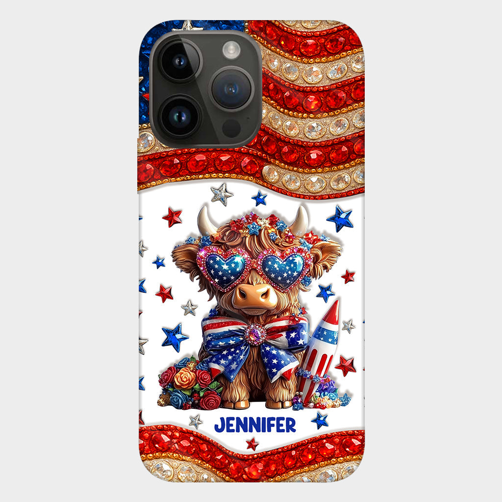 Coque de téléphone personnalisée avec motif vache des Highlands, motif 4 juillet américain