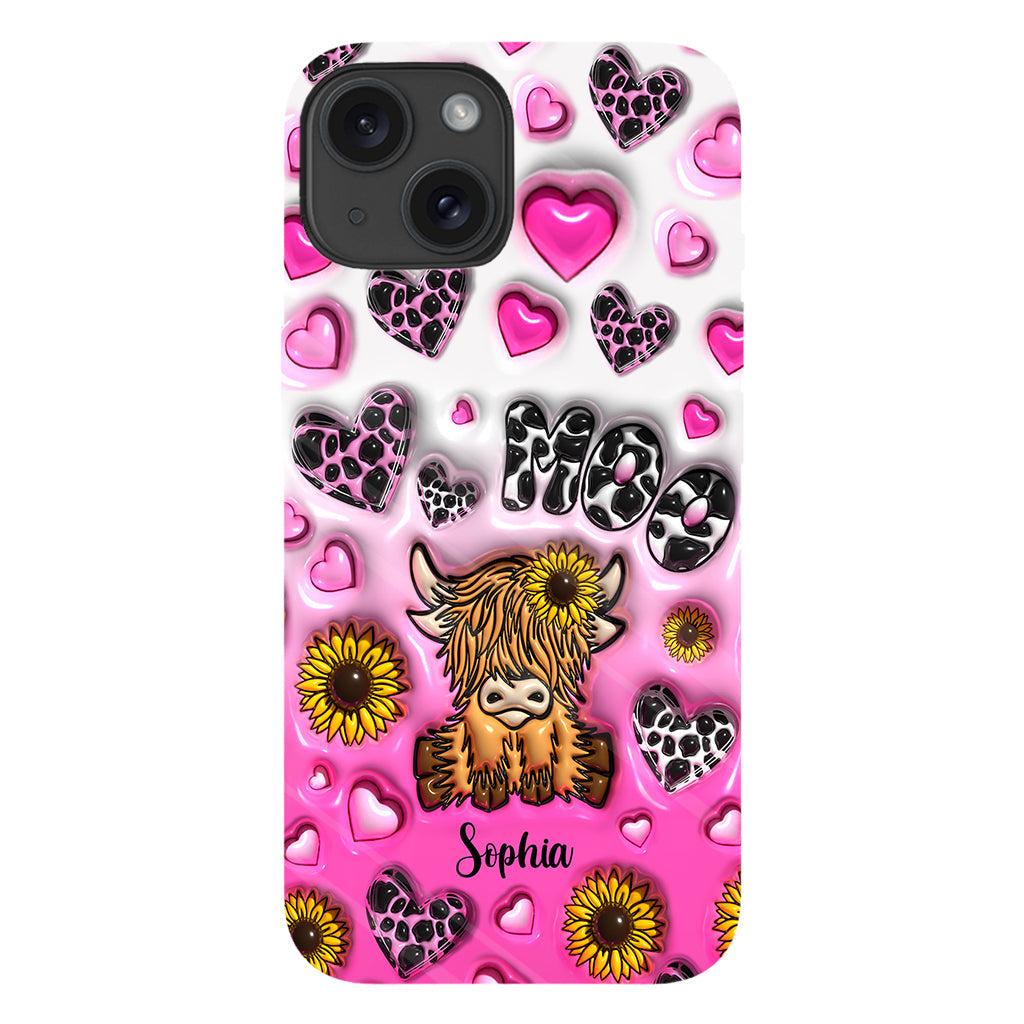 Coque de téléphone personnalisée avec impression intégrale représentant une vache des Highlands et un tournesol