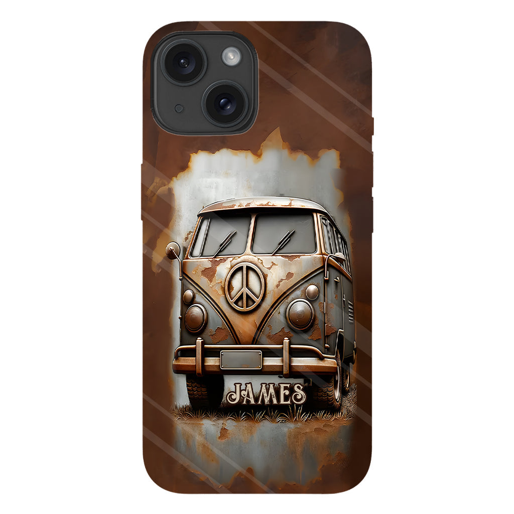 Coque de téléphone personnalisée style hippie vintage, motif « Camping-car, symbole de paix et âme », imprimée intégralement, avec symbole de paix et camping-car.