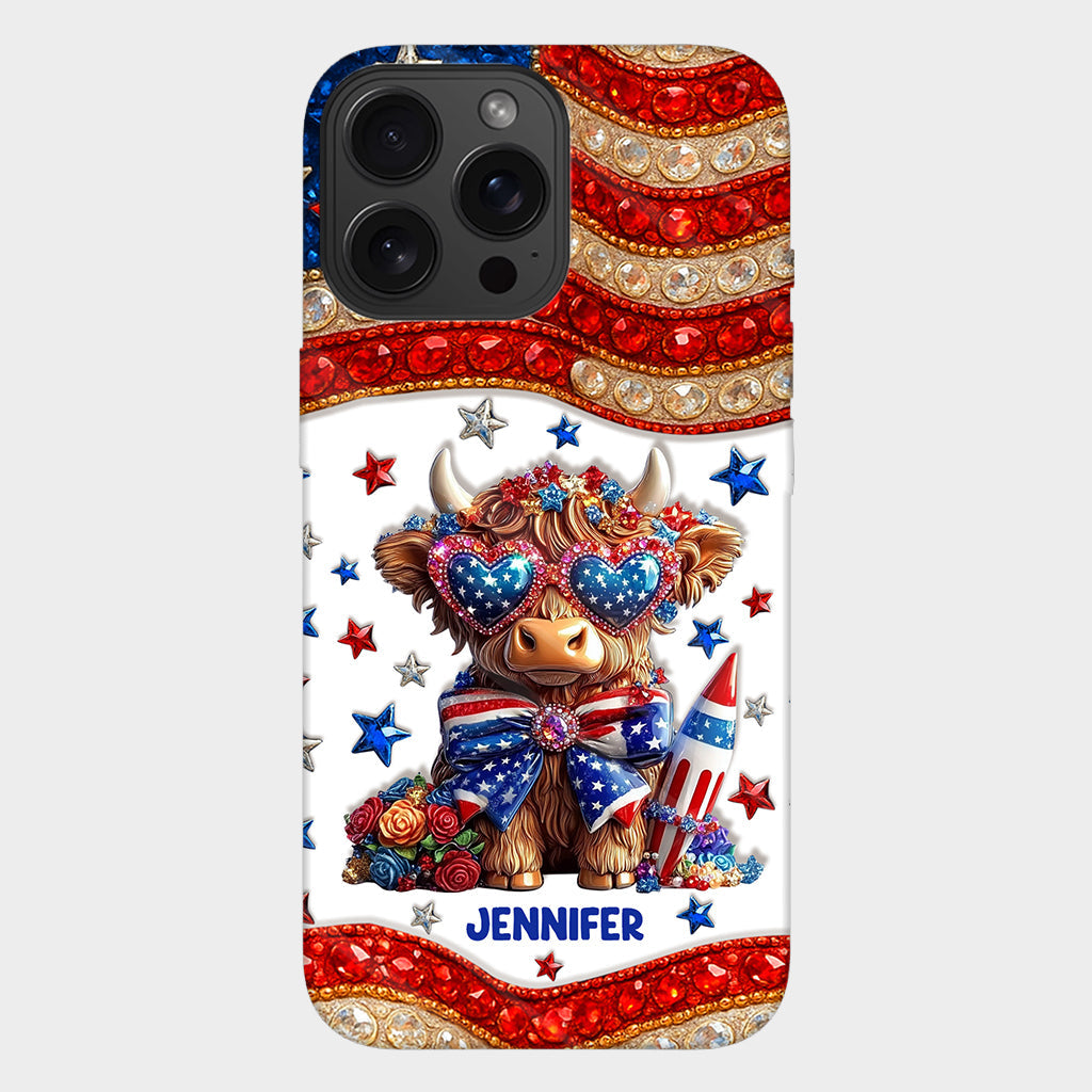 Coque de téléphone personnalisée avec motif vache des Highlands, motif 4 juillet américain