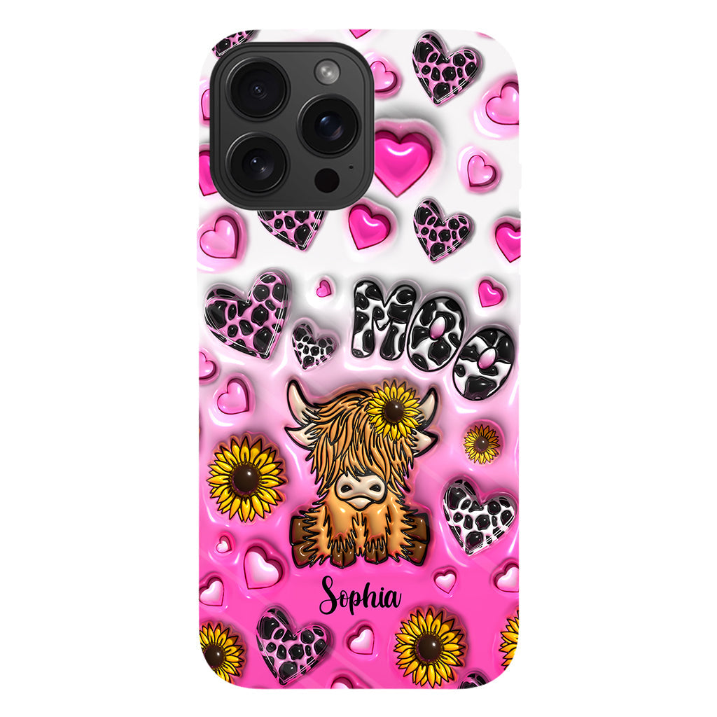 Coque de téléphone personnalisée avec impression intégrale représentant une vache des Highlands et un tournesol