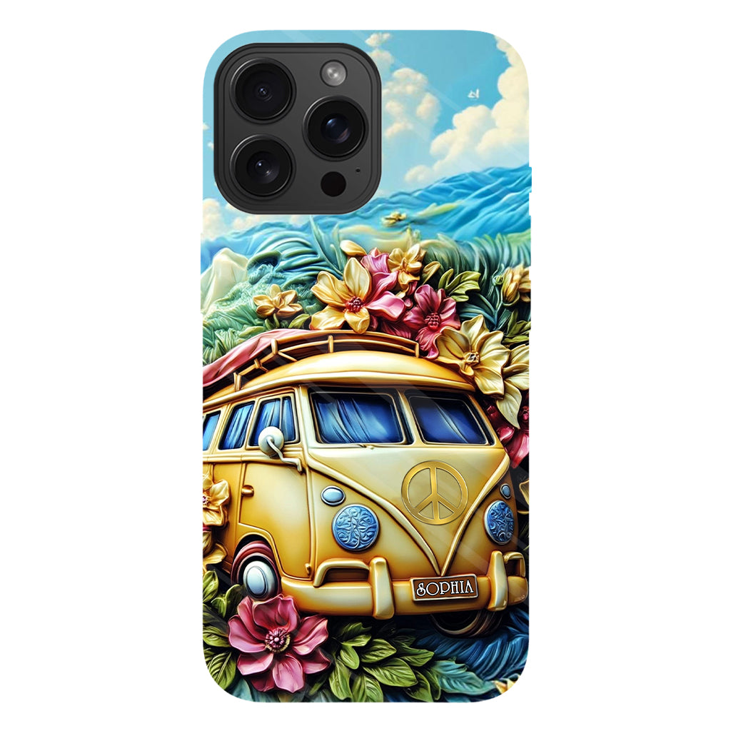 Handyhülle mit Blumenmuster und Friedenssymbol – Personalisierte Hippie-Handyhülle mit Volldruck