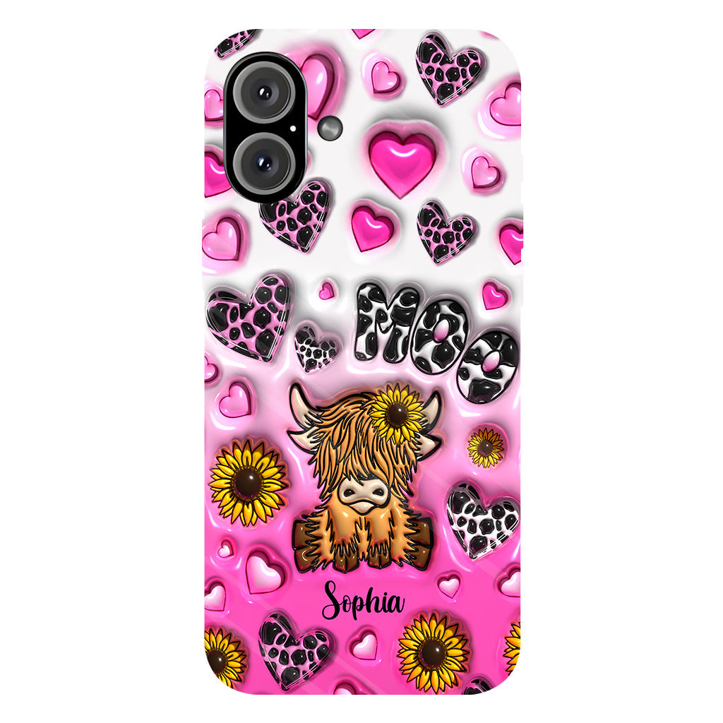 Coque de téléphone personnalisée avec impression intégrale représentant une vache des Highlands et un tournesol