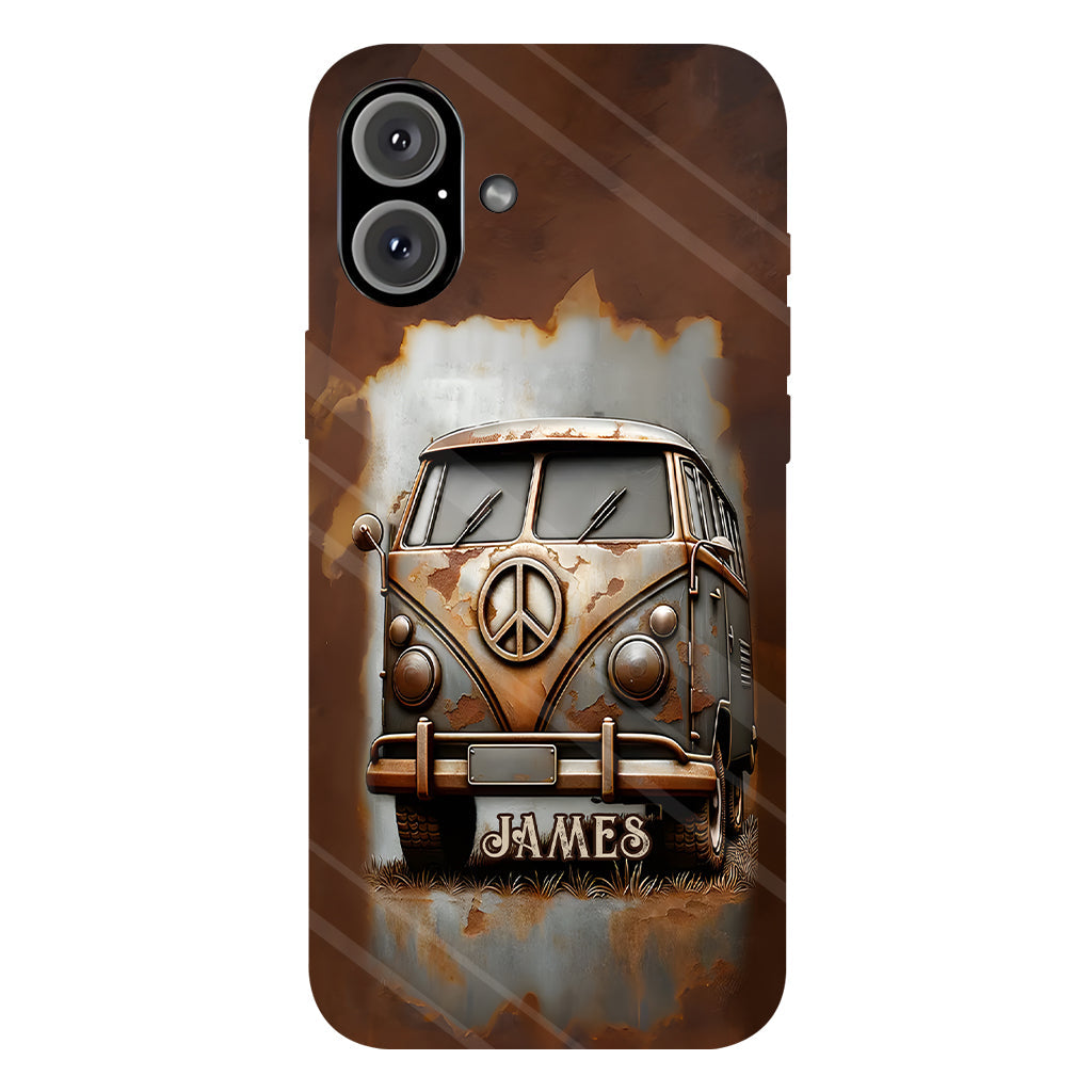 Coque de téléphone personnalisée style hippie vintage, motif « Camping-car, symbole de paix et âme », imprimée intégralement, avec symbole de paix et camping-car.