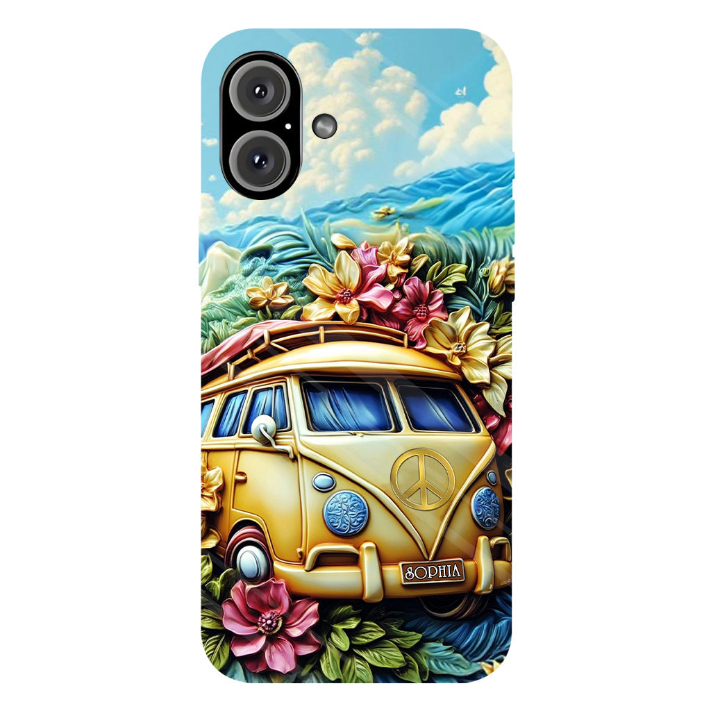 Handyhülle mit Blumenmuster und Friedenssymbol – Personalisierte Hippie-Handyhülle mit Volldruck