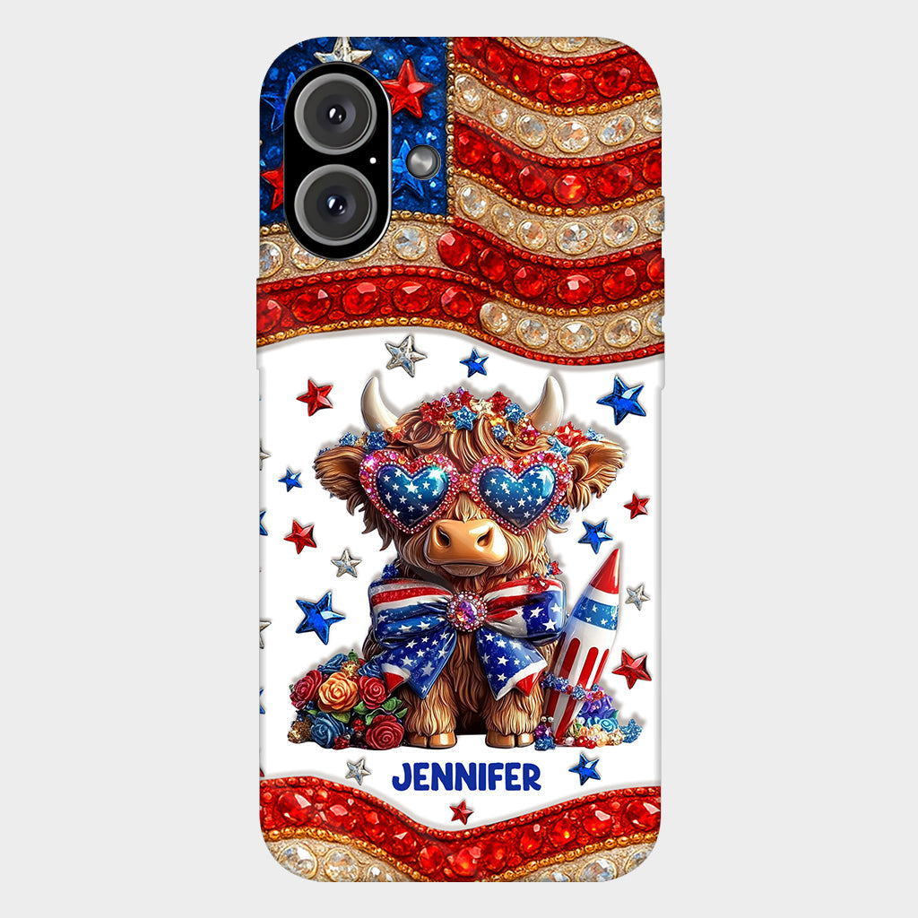 Coque de téléphone personnalisée avec motif vache des Highlands, motif 4 juillet américain