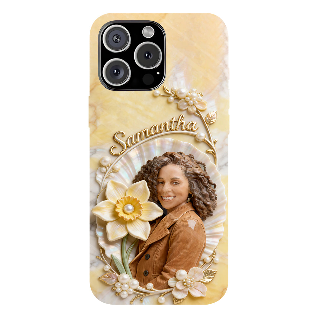 Personalisierte Handyhülle mit Geburtsmonatsblume und Foto – Selbstliebe-Motiv