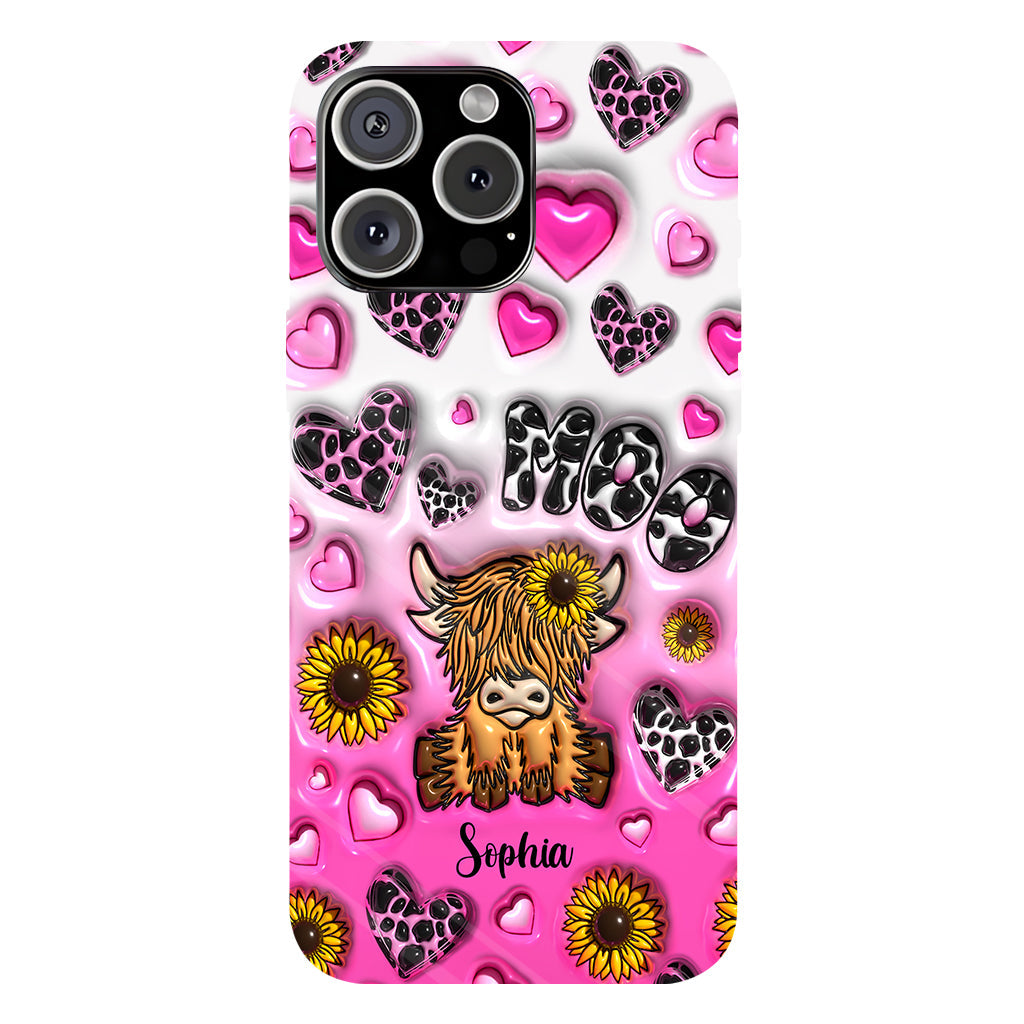 Coque de téléphone personnalisée avec impression intégrale représentant une vache des Highlands et un tournesol