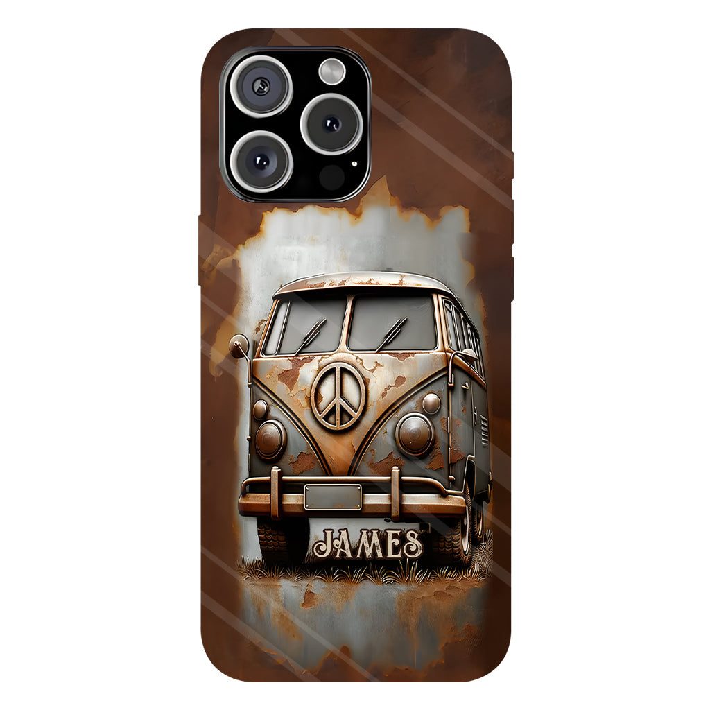 Coque de téléphone personnalisée style hippie vintage, motif « Camping-car, symbole de paix et âme », imprimée intégralement, avec symbole de paix et camping-car.