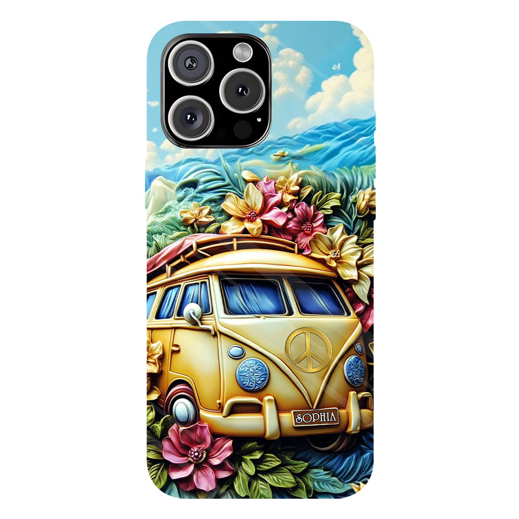 Handyhülle mit Blumenmuster und Friedenssymbol – Personalisierte Hippie-Handyhülle mit Volldruck