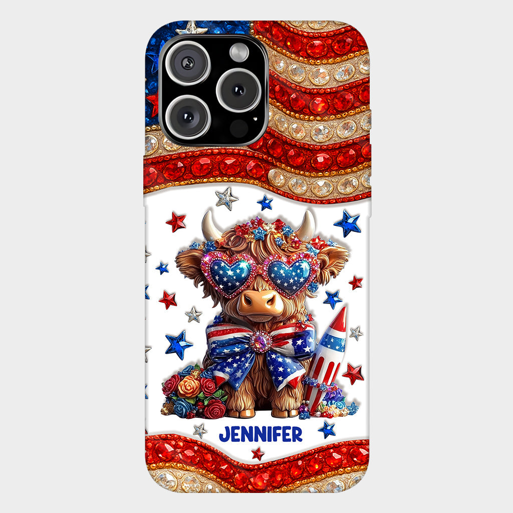 Coque de téléphone personnalisée avec motif vache des Highlands, motif 4 juillet américain