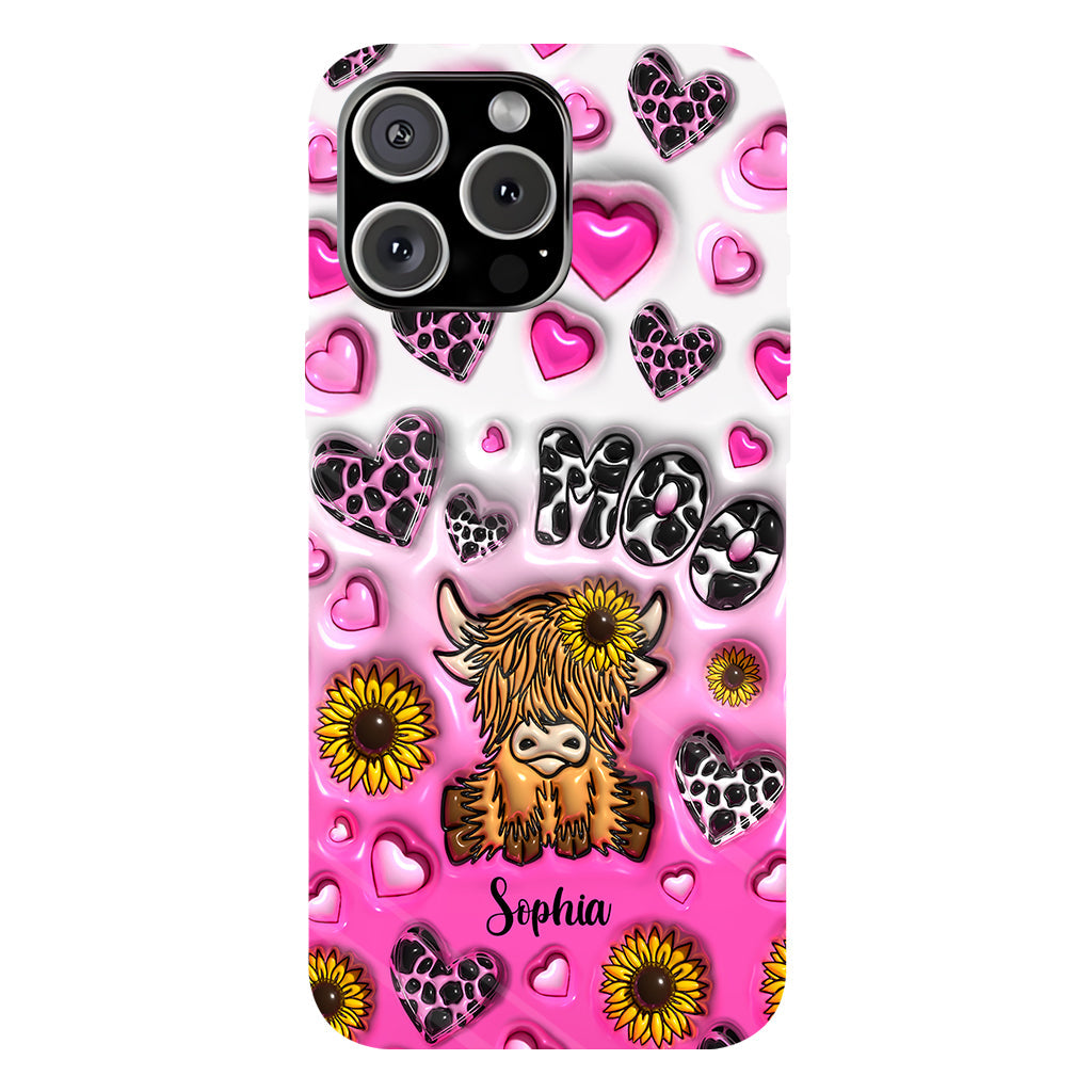Coque de téléphone personnalisée avec impression intégrale représentant une vache des Highlands et un tournesol