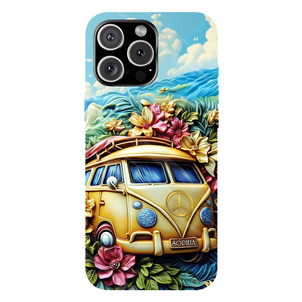 Handyhülle mit Blumenmuster und Friedenssymbol – Personalisierte Hippie-Handyhülle mit Volldruck
