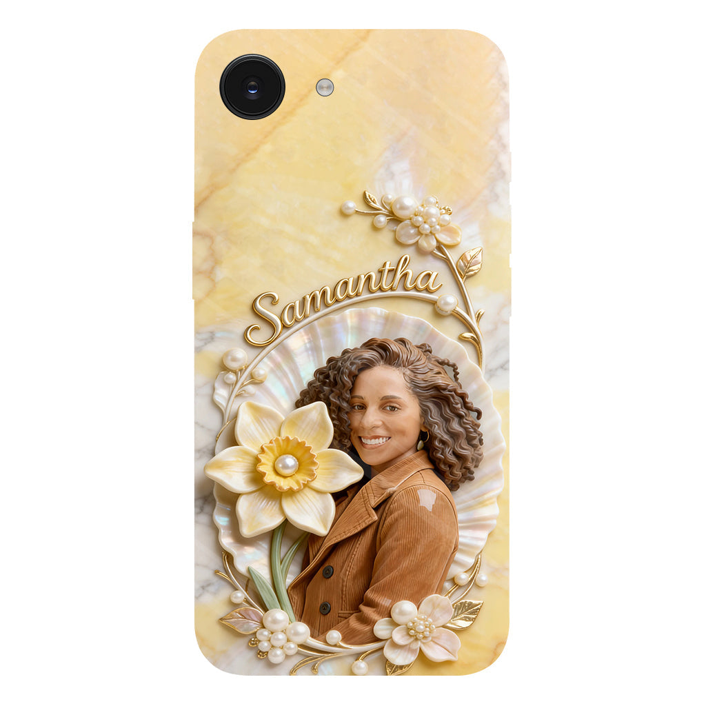 Personalisierte Handyhülle mit Geburtsmonatsblume und Foto – Selbstliebe-Motiv